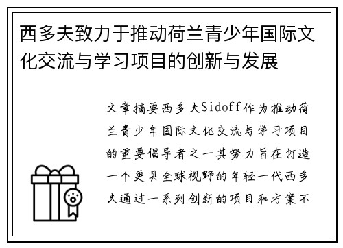 西多夫致力于推动荷兰青少年国际文化交流与学习项目的创新与发展